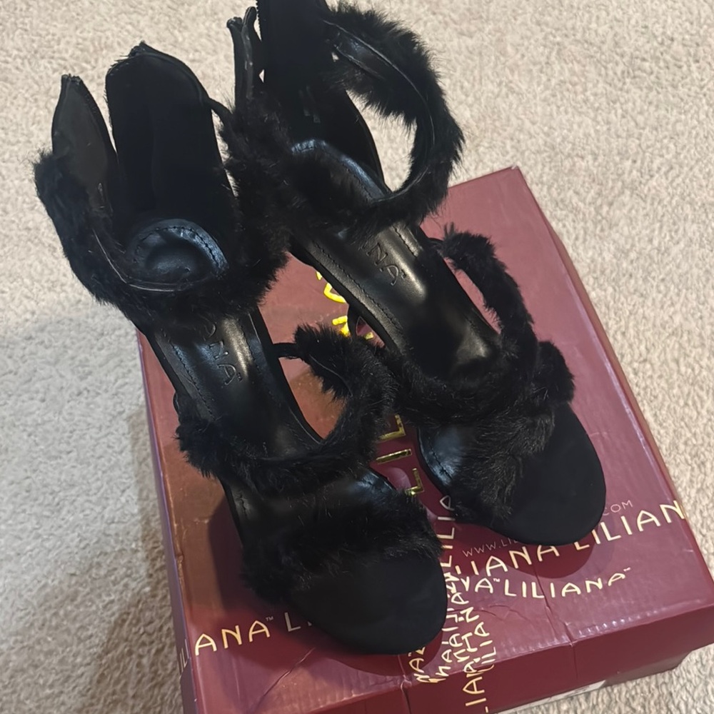 Liliana Black Faux Fur Heels